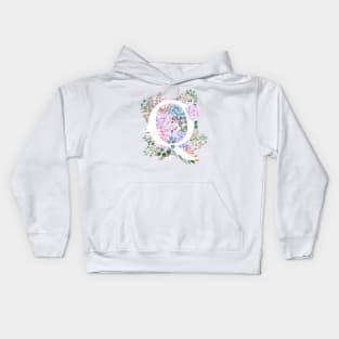 botanical monogram alphabet Q hydrangea flowers Kids Hoodie